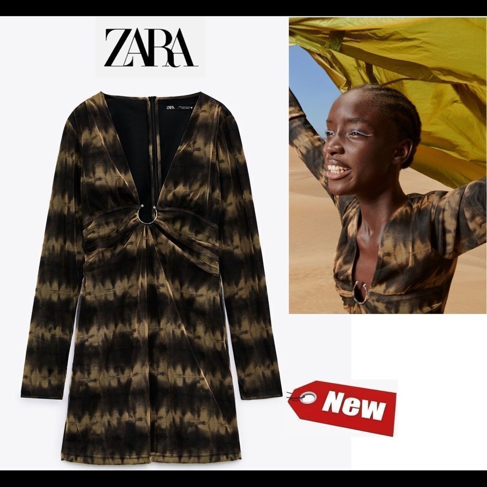Zara Brown black long sleeve V-neck tulle mini dress Sz L NWT